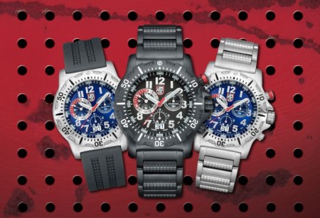 Luminox announces three new dive chronograh watches, with red start buttons. Luminox says they'll be available this spring. Chronoshield will keep you posted with any details. 